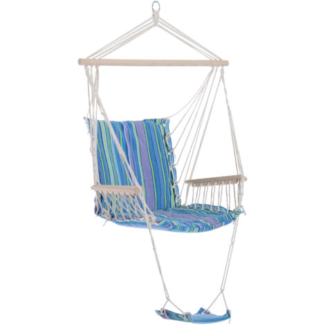 Hanging Rope Chair with Soft Padded Seat & Backrest, Portable Garden Hammoc Chair with Wooden Support Bar, Armrests, Cotton Cloth, Footrest, for Patio & Tree, Blue (1/5)