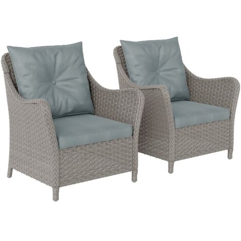 Rattan Garden Chairs Set of 2, Outdoor Rattan Chairs with Cushions, Armrests and High Back, PE Wicker Garden Armchair with Steel Frame for Balcony, Porch, Light Grey