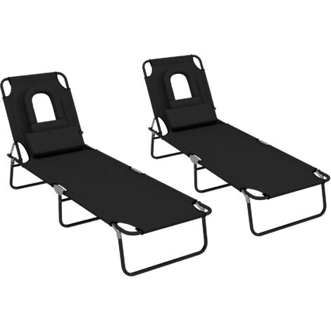 Outdoor Foldable Sun Lounger Set of 2, 4 Level Adjustable Backrest Reclining Sun Lounger Chair with Pillow and Reading Hole, Black (1/5)