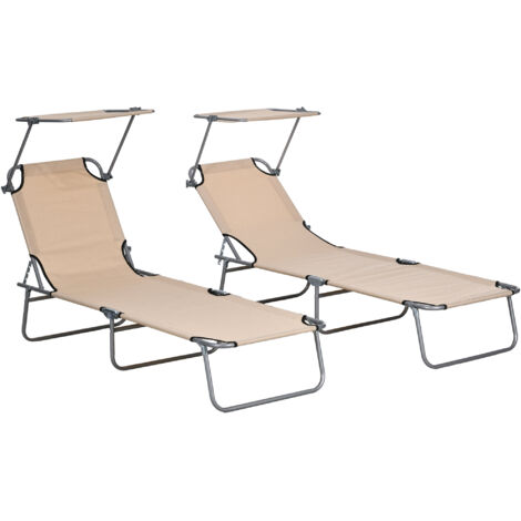 Sun Lounger Set of 2, Foldable, 4-Level Adjustable Backrest, Reclining Chair with Sun Shade, for Beach/Garden/Patio, Brown