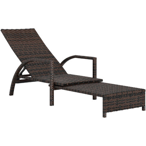 Reclining Rattan Lounger, with Extending Footrest - Brown (1/5)