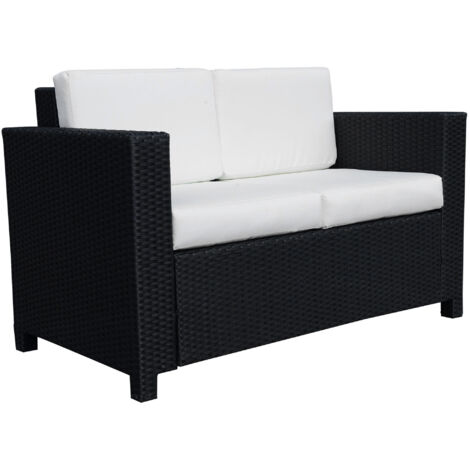 Rattan Sofa, 2 Seater Garden Furniture with Soft Padded Cushion and Armrests, Wicker Garden Loveseat for Patio, Black (1/5)