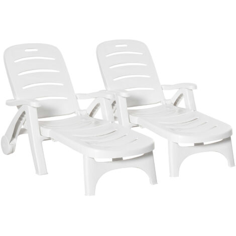 Outdoor Folding Sun Lounger Recliner on Wheels w/ 5-Position Backrest, White