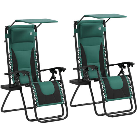 Zero Gravity Lounger Chair Set of 2, Folding Reclining Patio Chair with Shade Cover, Padded Seat, Cup Holder, Soft Cushion and Headrest for Poolside, Camping, Green (1/5)
