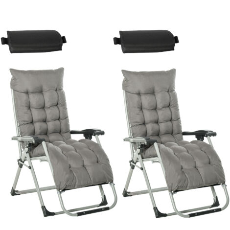 2pc Reclining Zero Gravity Sun Loungers ,Folding Chaise Lounge Chair with Cushions, Dark Grey
