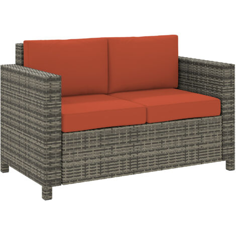 Rattan Sofa, 2 Seater Garden Furniture with Soft Padded Cushion and Armrests, Wicker Garden Loveseat for Patio, Grey (1/5)