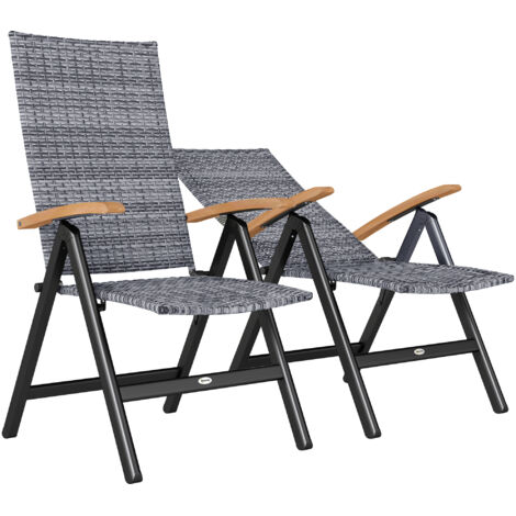 2 Pieces Folding Rattan Garden Dining Chairs with 5-level Reclining High Back, Wood Armrests for Outdoor - Light Grey