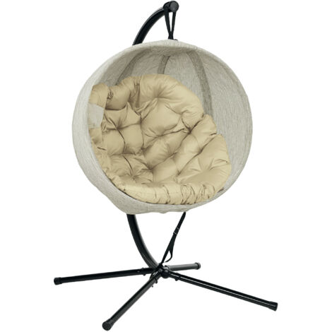 Hanging Egg Chair Outdoor Indoor Garden Swing Chair with Folding Basket, Garden Hanging Chair with Stand, Thickened Cushion, Cup Holder for Patio, Balcony, Khaki (1/5)