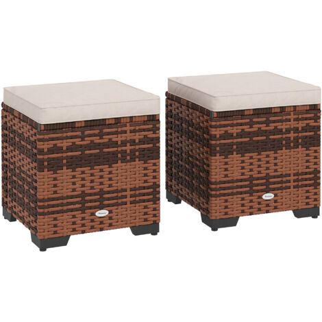 Set of 2 Rattan Storage Ottoman, Outdoor Footstool with Removable Cushions, Garden Storage Seat for Balcony, Porch, Living Room, Beige
