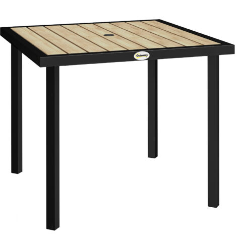 Square Garden Dining Table with 5.4cm Parasol Hole, Slatted Top, Metal Frame, 86 x 86 x 71cm, Brown (1/5)