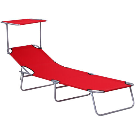 Folding Sun Lounger, Adjustable Recliner with Sun Shade Awning for Beach & Patio, Red (1/5)