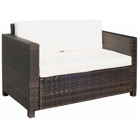 Rattan Sofa, 2 Seater Garden Furniture with Soft Padded Cushion and Armrests, Wicker Garden Loveseat for Patio, Mixed Brown (1/5)