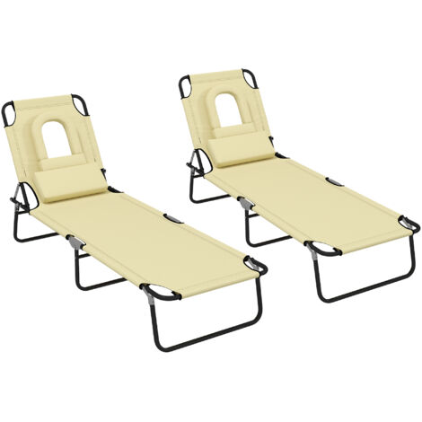 Outdoor Foldable Sun Lounger Set of 2, 4 Level Adjustable Backrest Reclining Sun Lounger Chair with Pillow and Reading Hole, Beige (1/5)