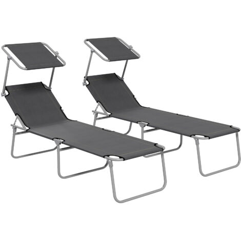 Sun Lounger Set of 2, Foldable, 4-Level Adjustable Backrest, Reclining Chair with Sun Shade, for Beach/Garden/Patio, Grey