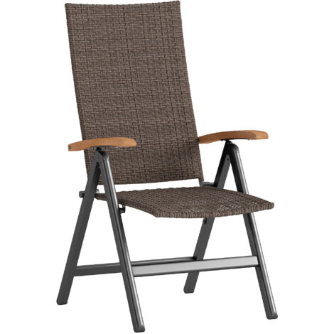 Folding Rattan Garden Dining Chair with 5-level Reclining High Back, Wood Armrests for Outdoor, Patio - Brown