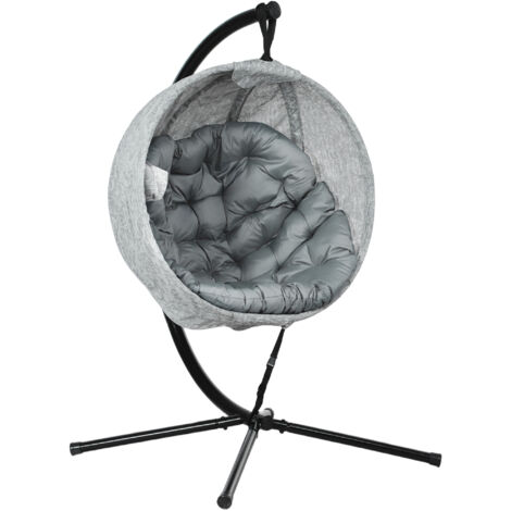 Hanging Egg Chair Outdoor Indoor Garden Swing Chair with Folding Basket, Garden Hanging Chair with Stand, Thickened Cushion, Cup Holder for Patio, Balcony, Grey (1/5)