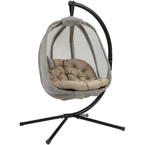 Hanging Egg Chair, Folding Texteline Swing Hammock with Side Pocket, Cushion and Stand for Indoor Outdoor, Patio Garden Furniture, Khaki (1/5)