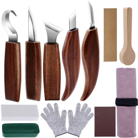 12-Piece Wood Carving Tool Set, Beginner Wood Carving Kit with 5 Carving Knives, Cut-Resistant Gloves, and Tools (1/5)