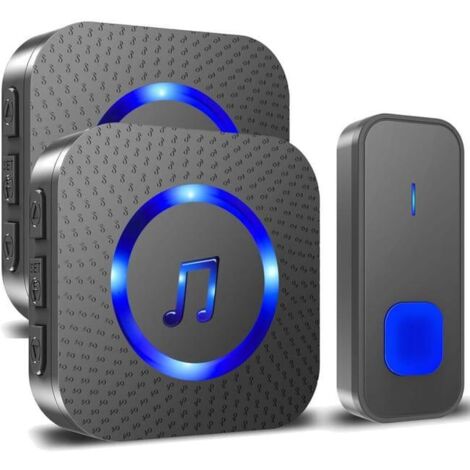 300M Long Range Waterproof Wireless Doorbell, Electronic Chime, 55 Melodies, 5 Volume Levels, Blue LED, 1 Transmitter + 2 Receivers (1/4)