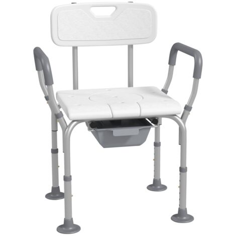 Height Adjustable Shower Stool with Arms and Back, Non-Slip Bedside Commode with Detachable Bucket for Elderly, White (1/5)