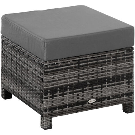 Rattan Footstool Wicker Ottoman with Padded Seat Cushion Outdoor Patio Furniture for Backyard Garden Poolside Living Room 50x50x35cm Grey