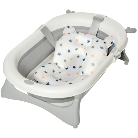 Foldable Baby Bathtub Set, Collapsible Bath Tub with Thermostatic Water Plug, Non-Slip Support, Cushion Pad, Drain Plugs, for Newborn to 3 Years - Offwhite