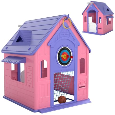 5-in-1 Playhouse for Kids Outdoor Indoor with Basketball Hoop, Football Goal, Dartboard, Ring Toss for 2-5 Years, Pink (1/5)
