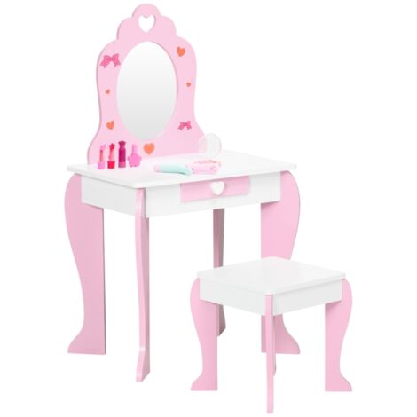 Kids Dressing table Set w/ Mirror, Stool, Drawer, Cute Patterns, for Ages 3-6 Years - Pink (1/5)