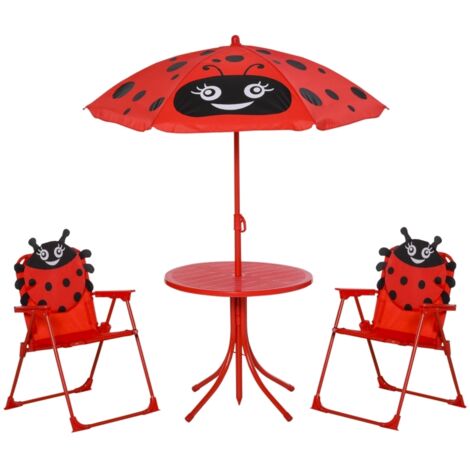 Kids Folding Picnic Table Chair Set w/ Parasol, Red (1/5)