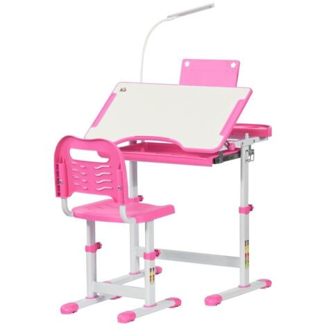 Kids Study Desk and Chair Set w/ Adjustable Height, Storage, Drawer, Pink (1/5)