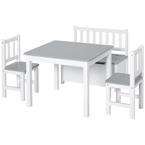 4-Piece Kids Table and Chair Set with 2 Wooden Chairs, 1 Storage Bench, and Interesting Modern Design, Grey/White (1/5)