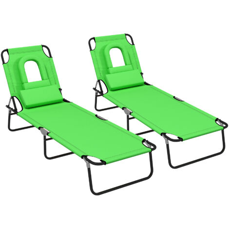 Foldable Sun Lounger Duo, Adjustable 4-Level Backrest, Comfort Pillow & Reading Slot, Easy Storage, Vibrant Green (1/5)