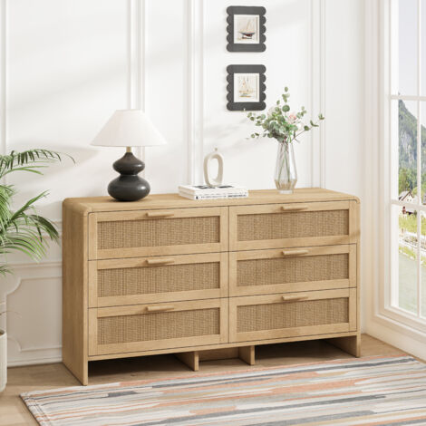 Commode avec 6 Tiroirs, Coins Arrondis, Design Rotin Naturel, en Panneaux de Particules, 130×40×80 cm, Naturel