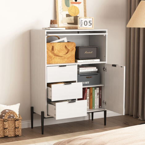 Buffet et Enfilade avec 3 Tiroirs, 1 Porte et 1 Porte Vitrée, Étagères Réglables, Style Élégant, en Panneaux de Particules, Blanc, 85×40×120 cm