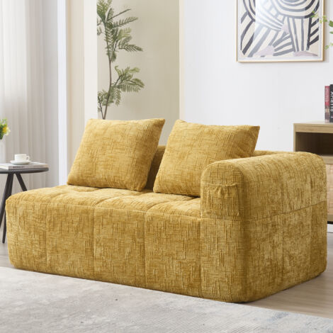 Canapé Droit 2 Places avec Méridienne avec Coussin et Poches Latérales, Confort Nuage sans Montage, en Chenille Jaune