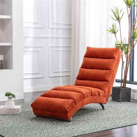 Chaise Longue Massante Fixe 140° avec Vibration Douce et Poche Latérale, Soutien Corps Entier en Lin Orange