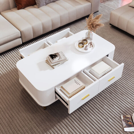 Table Basse avec 4 Tiroirs et Coins Arrondis, Côtés Ondulés, Poignées et Pieds Dorés, en MDF, Blanc, 105×51×38 cm