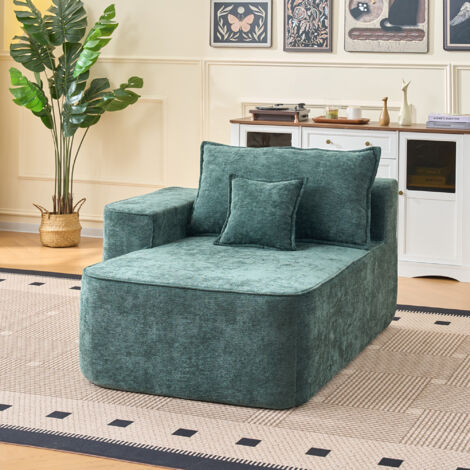 Méridienne 1 Place avec Coussin et Poches Latérales, Confort Nuageux, Sans Montage, Design Moderne, en Chenille Vert