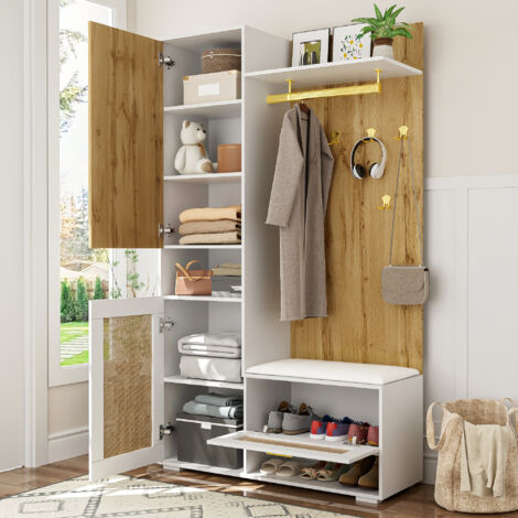 Meuble d'entrée avec 3 Portes, Miroir, 6 Patères Dorées et LED 16 Couleurs, Style Moderne, en MDF, 110×38×190 cm