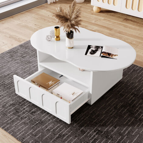 Table basse Nuage avec 1 Tiroir Push-to-Open et 1 Niche Ouverte, Style Moderne, en Panneaux de Particules, 100×60×40,5 cm, Blanc