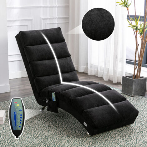 Chaise Longue Massante Fixe avec Vibration Douce et Poche Latérale, Dossier 140° Ergonomique en Lin Noir