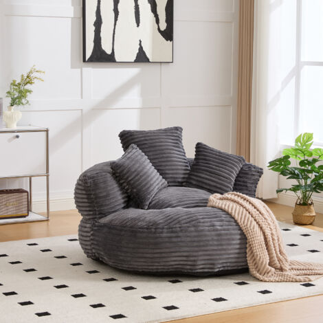 Fauteuil Pouf Relax 1 Place avec Dossier Haut et Accoudoirs, 3 Coussins, Assise Large Confort, Velours Côtelé Gris Foncé