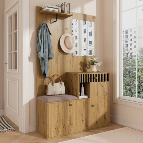Meubles d'Entrée avec Miroir, 2 Portes, 1 Tiroir et Siège Rembourré, Étagères Réglables, MDF, Noir et Bois, 110×37×185,5 cm