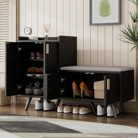Meuble à Chaussures avec 4 Portes et Assise Rembourrée, Poignées Métal, Style Moderne, en Panneaux de Particules, 120×34×82 cm, Noir et Noyer