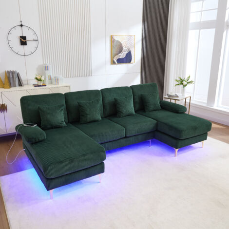 Canapé Panoramique en U avec Éclairage LED et Port USB, 4 Coussins, Dossier Ergonomique en Velours Émeraude