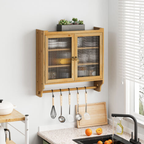 Armoire Murale avec 2 Portes en Verre Cannelé, 3 Niveaux, Porte-Serviettes, Style Vintage, en Bois et MDF, 63×60×18 cm, Naturel