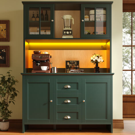 Buffet de Cuisine Haut avec Portes Vitrées, Tiroirs, LED et Étagères Réglables, en MDF, Vert, 120x40x179 cm
