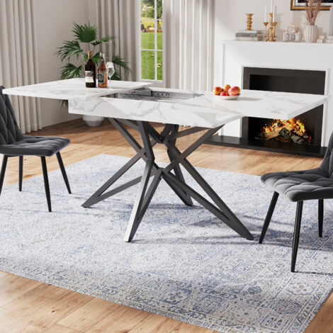 Table de Salle à Manger pour 6 à 8 Personnes avec Plateau Extensible et Pieds en Étoile Réglables en MDF Blanc