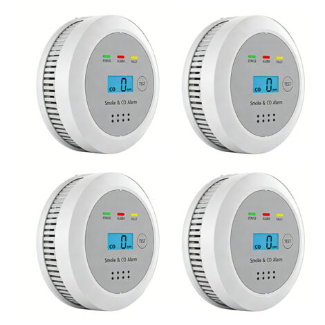 4 detectores de humo y monóxido de carbono 2 en 1 con pantalla: alarma audible de 85 dB, advertencia de CO (detector independiente a pilas) (1/5)