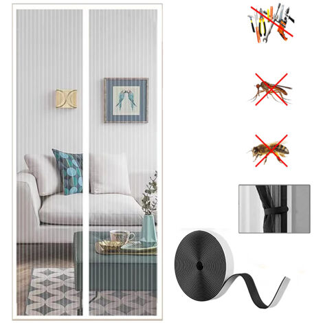 Puerta Mosquitera Magnética, Cortina Antiinsectos con Imanes y Cinta Mágica Manos Libres, Blanca, 90 x 210 cm